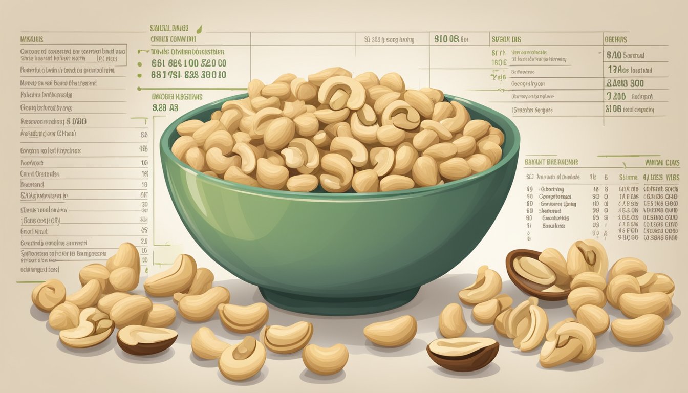 A bowl overflowing with cashews, surrounded by various measuring cups and spoons. A nutrition chart showing recommended serving sizes hangs on the wall