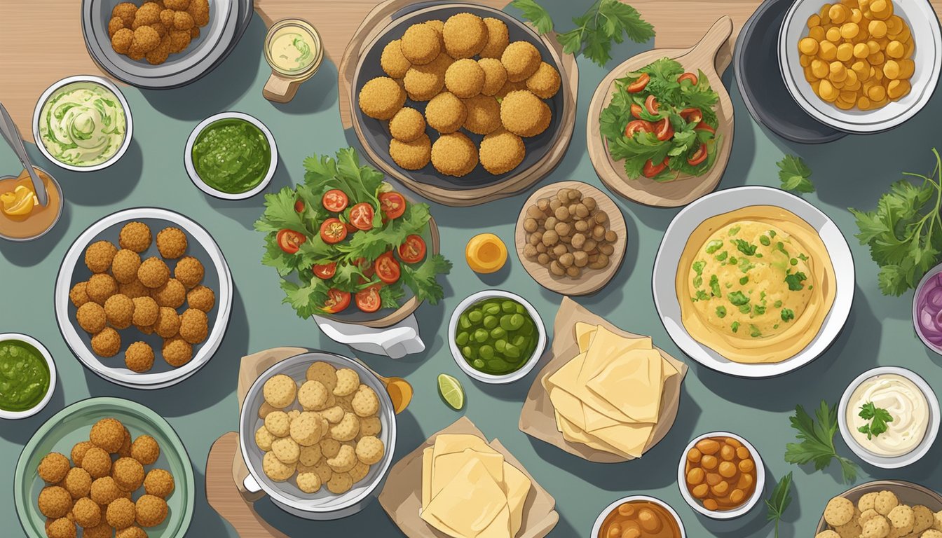 A person preparing a meal with a variety of chickpea-based dishes, such as hummus, falafel, and chickpea salad, laid out on a table