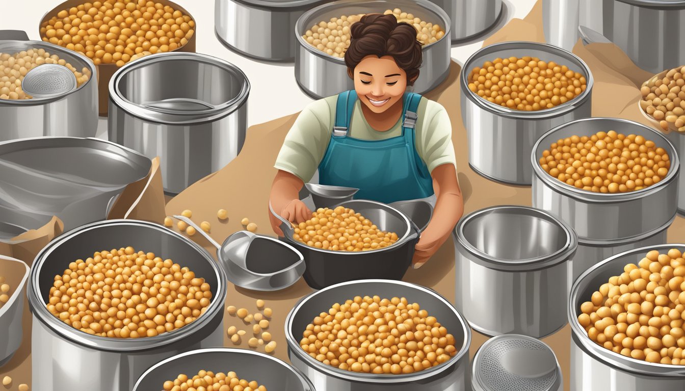 A person measuring chickpeas with a measuring cup, surrounded by cans and bags of chickpeas