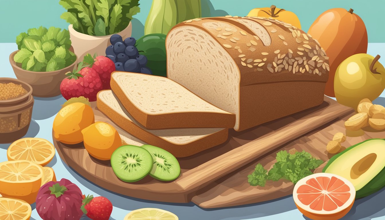 A loaf of whole wheat bread with multiple slices stacked on a plate, surrounded by various healthy food items like fruits and vegetables