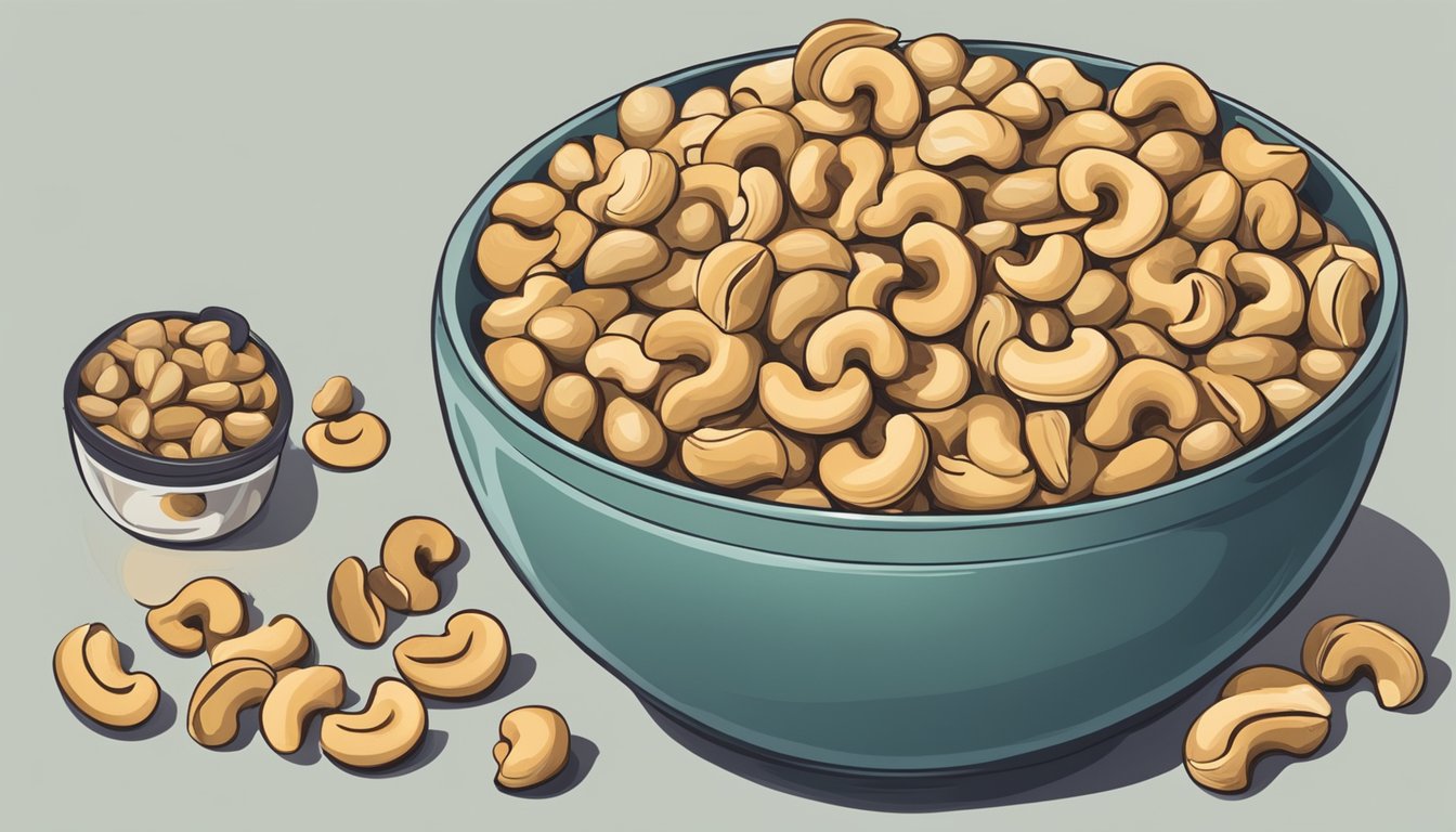 A bowl of cashews overflowing with nuts, with a measuring cup next to it, indicating portion sizes