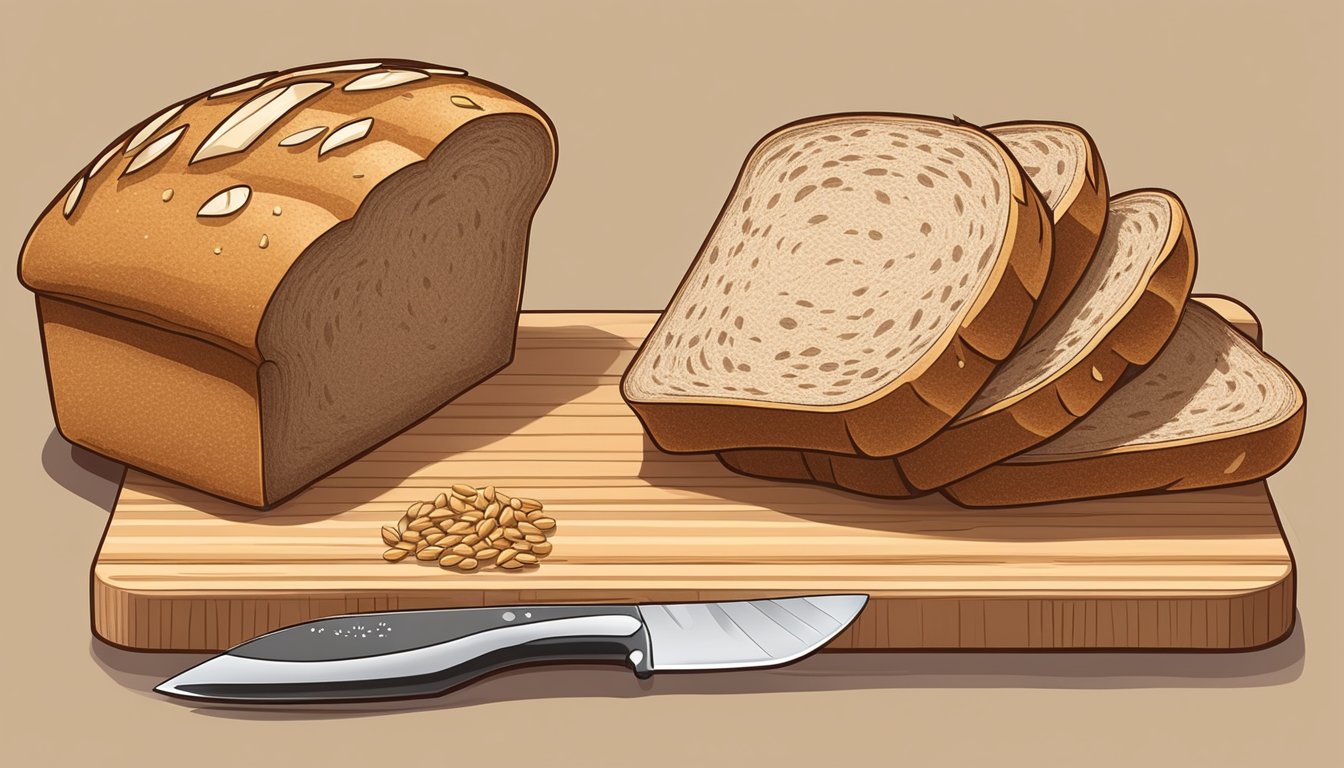 A loaf of whole wheat bread with multiple slices stacked on a cutting board, a knife beside it, and a portion size guide nearby