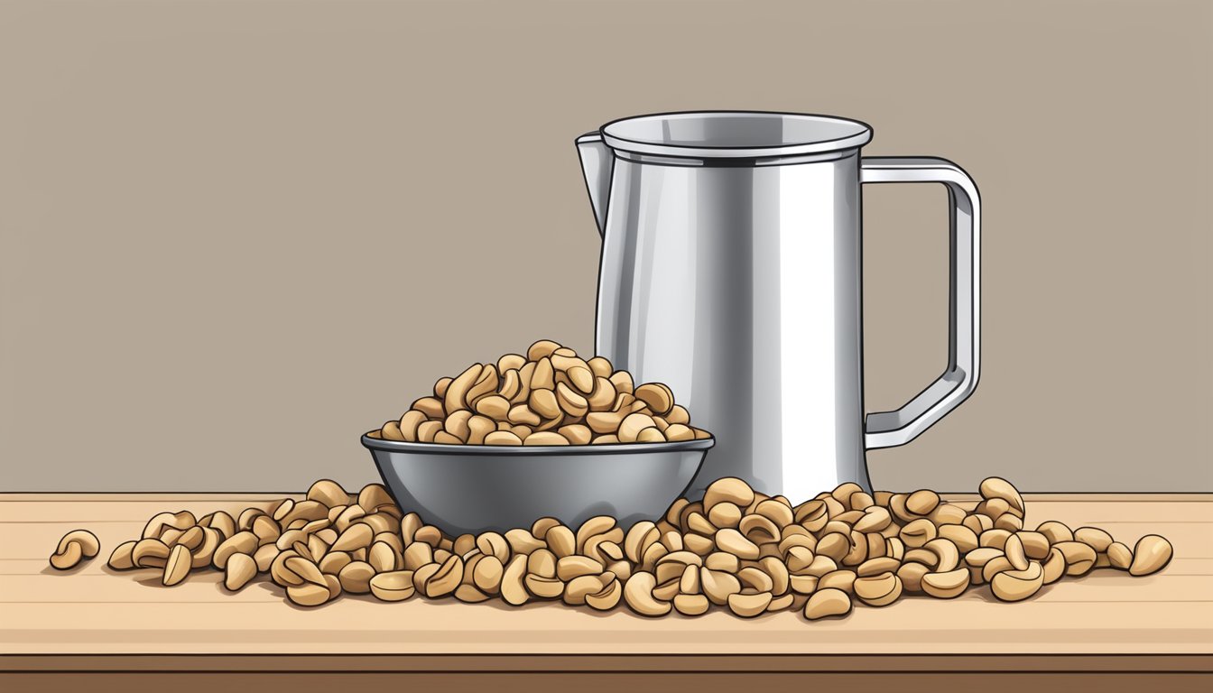 A pile of cashews spilling out of a measuring cup, with other nuts in the background for comparison