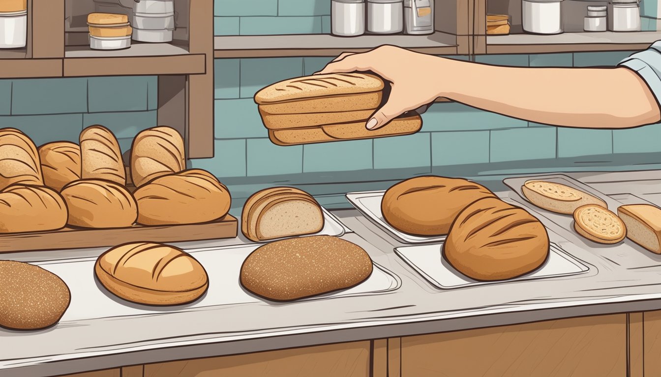 A kitchen counter with various types of bread loaves and food labels, a hand reaching for a slice of whole wheat bread