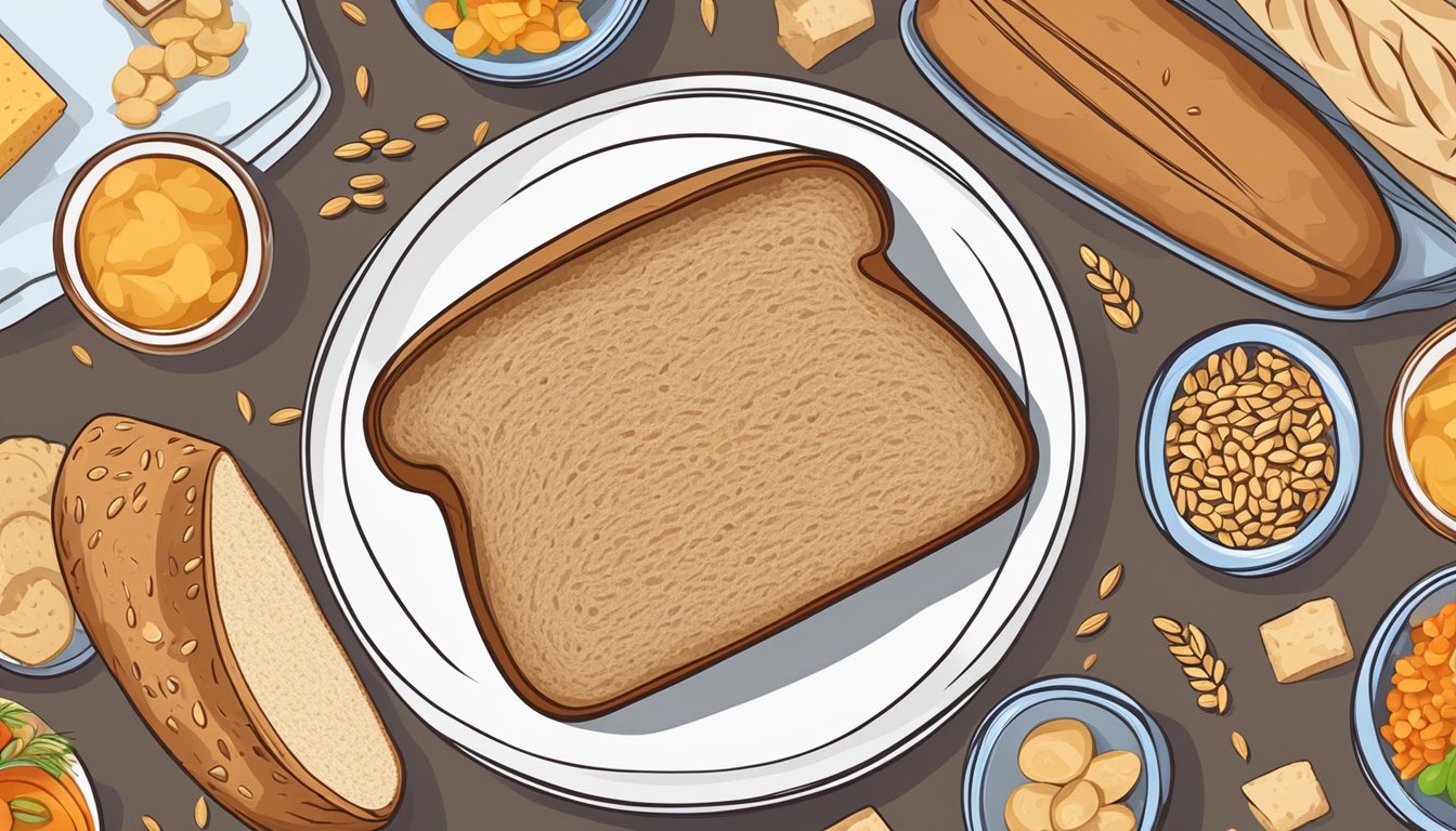 A loaf of whole wheat bread with multiple slices stacked on a plate, surrounded by various food items