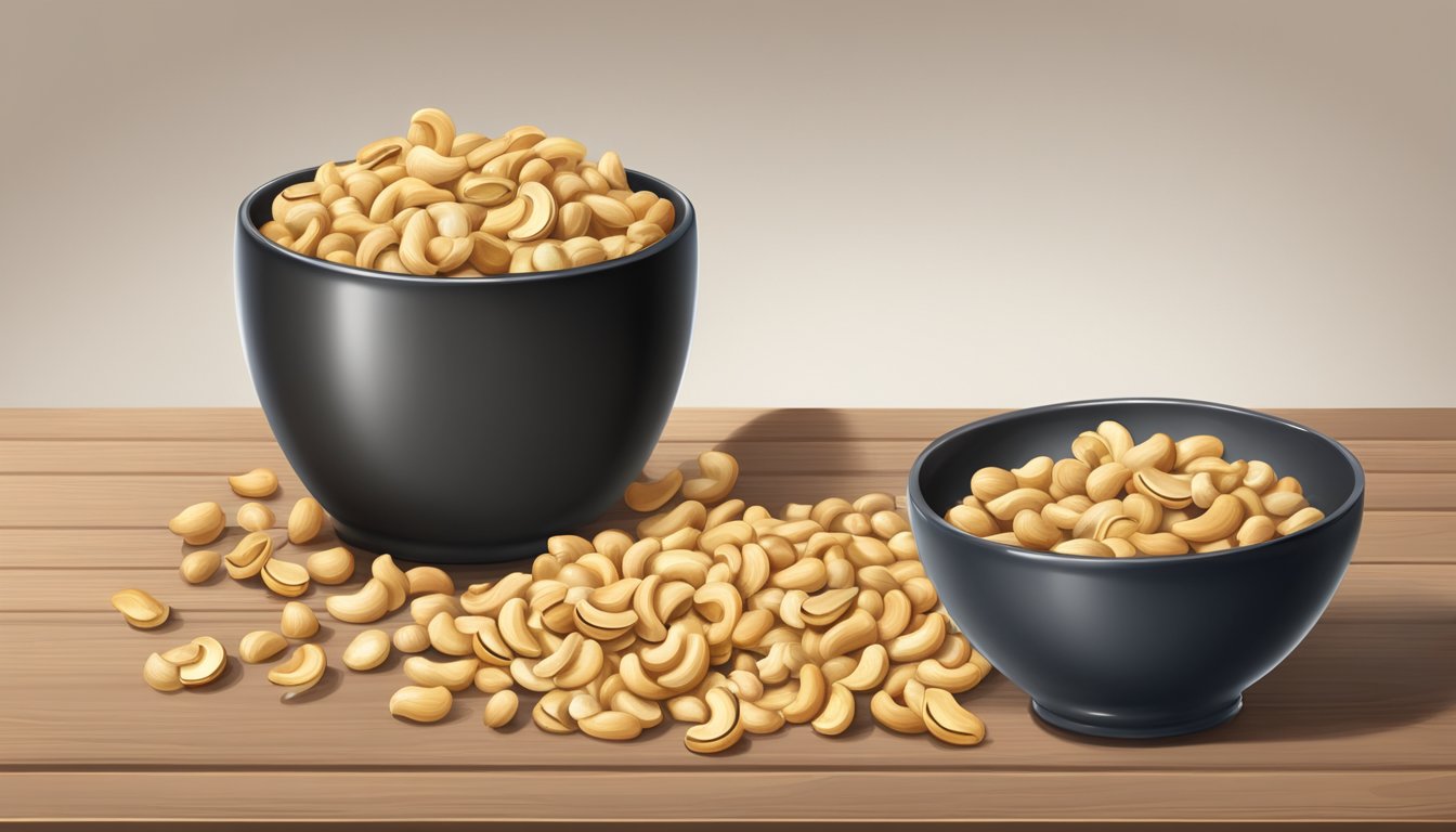 A pile of cashews overflowing from a bowl, scattered on a wooden table, with a measuring cup nearby