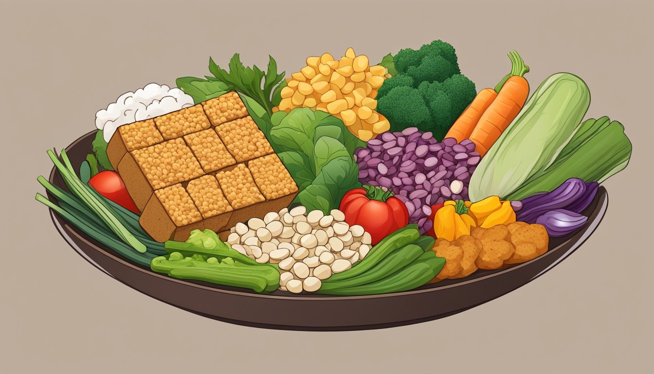 A plate with a balanced portion of tempeh, surrounded by a variety of colorful vegetables and grains