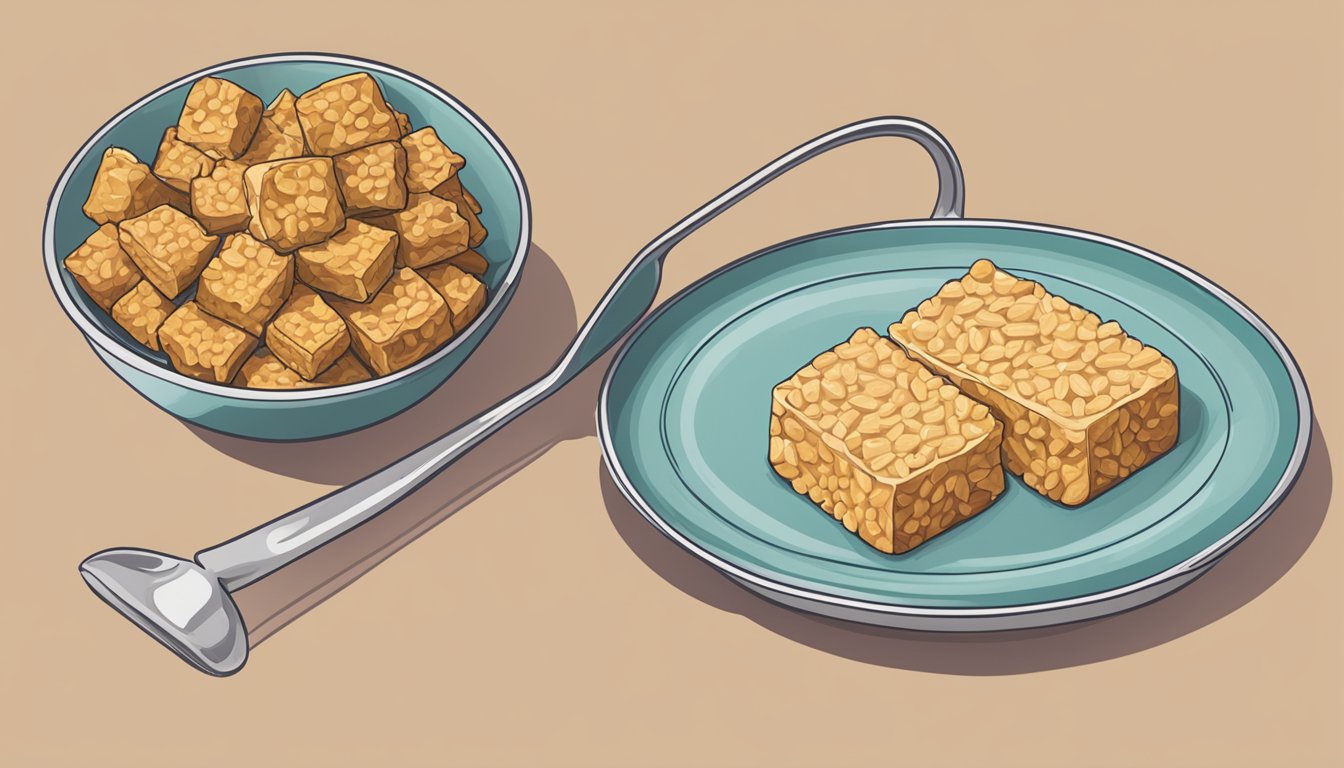 A plate with a portion of tempeh next to a measuring cup showing the recommended intake amount