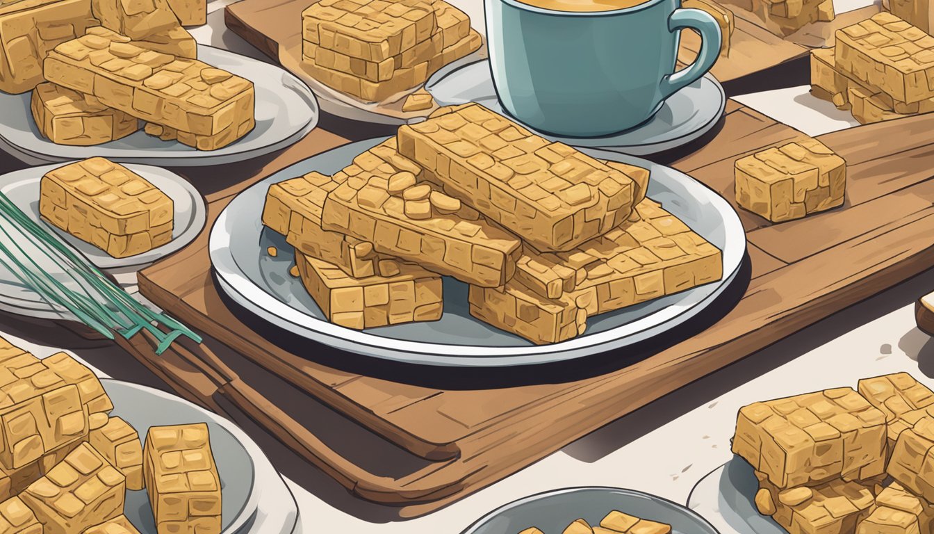 A pile of tempeh blocks stacked on a plate, with a measuring cup overflowing with tempeh spilling onto the table