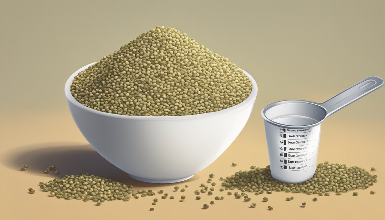 A pile of hemp seeds spilling out of a measuring cup, surrounded by a nutrition label and a question mark