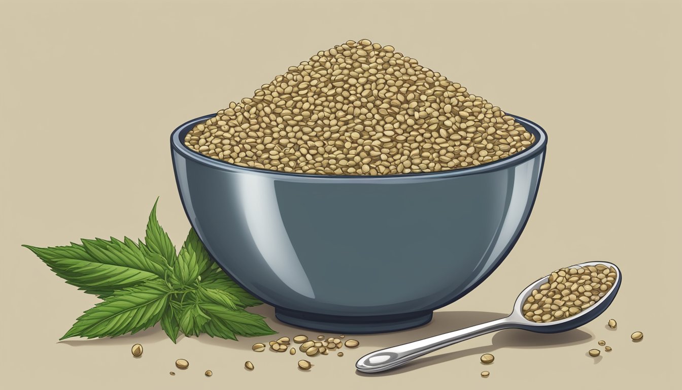 A bowl of hemp seeds overflowing with a pile of seeds spilling onto the table, with a measuring spoon nearby