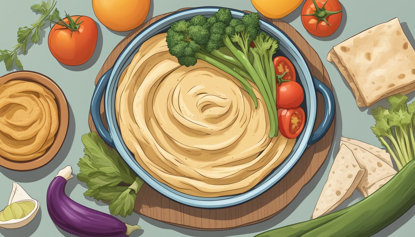 A bowl of hummus surrounded by various vegetables and pita bread, with a nutrition label and serving size recommendation nearby