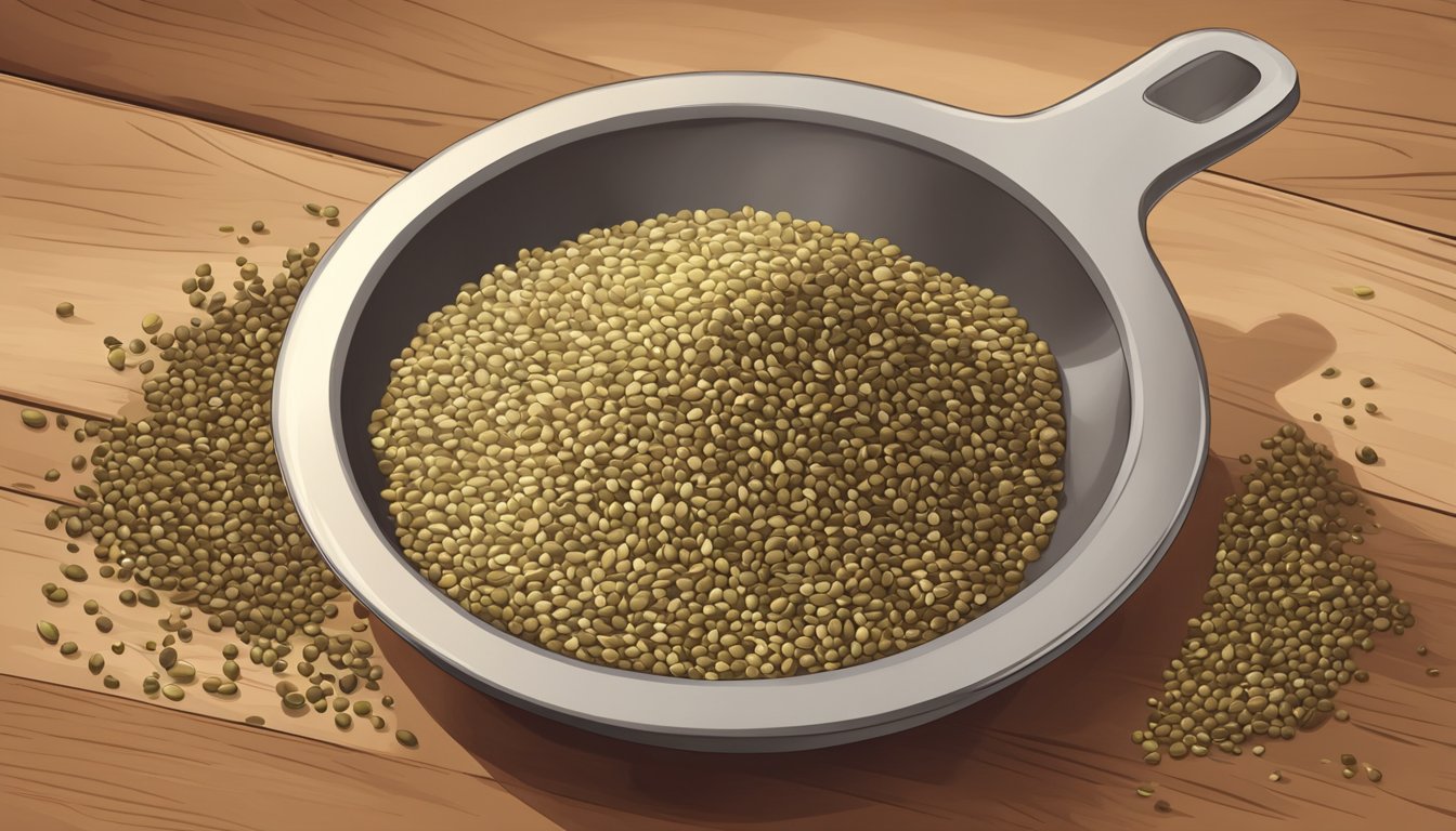 A pile of hemp seeds spills from a measuring cup onto a wooden table, surrounded by scattered seeds and a small bowl