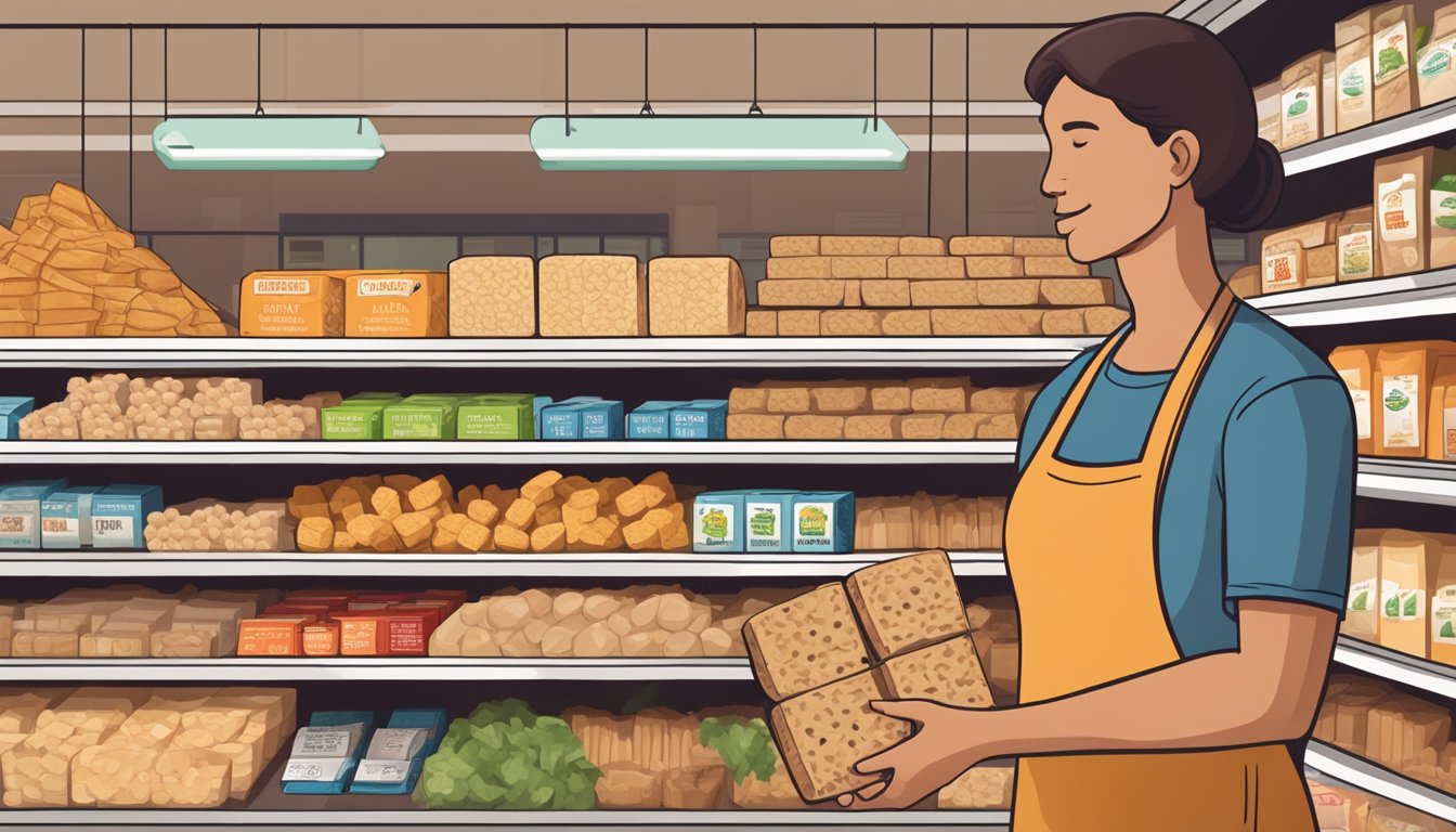 A person standing in a grocery store, holding a block of tempeh and looking at a nutrition label. Several blocks of tempeh are stacked on the shelf behind them