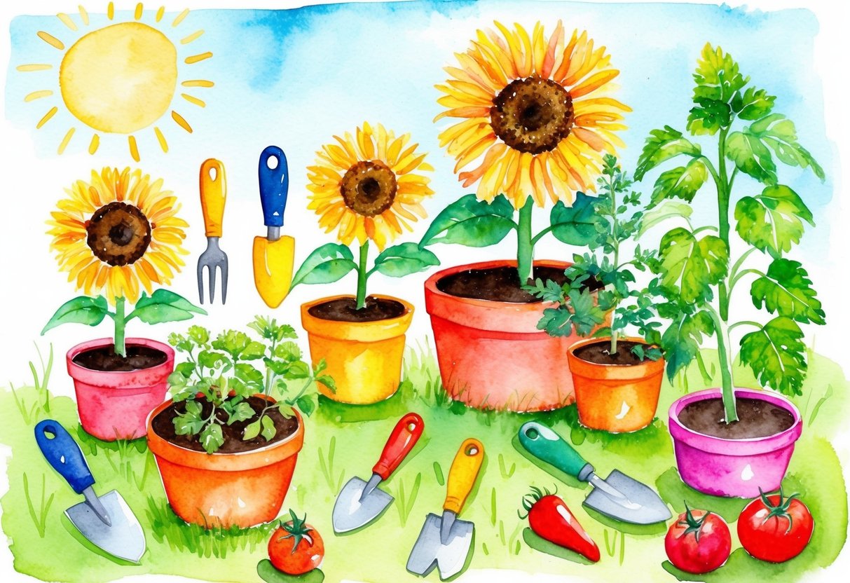 Bright, colorful garden with child-sized tools, pots, and various easy-to-grow plants like sunflowers, tomatoes, and herbs. Sunshine and happiness abound