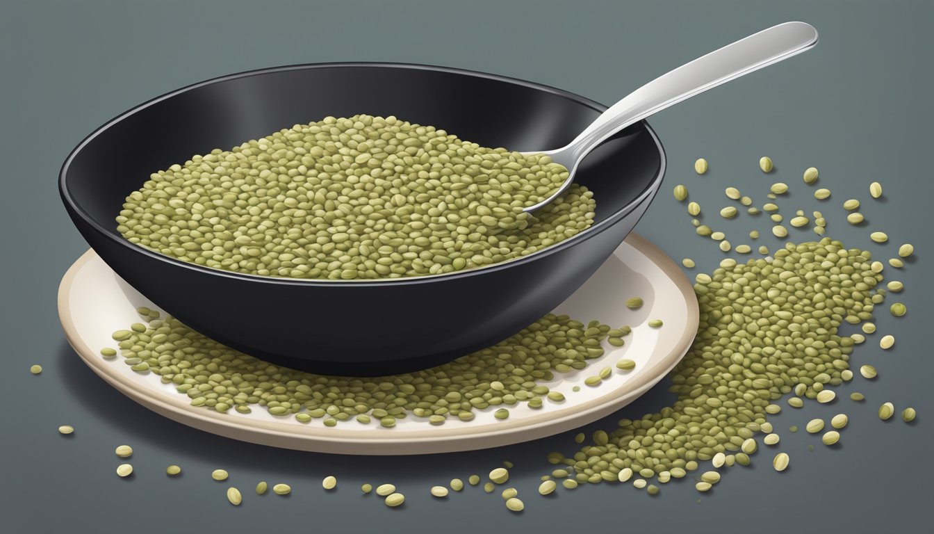 A bowl of hemp seeds overflowing onto a plate, with a measuring spoon nearby