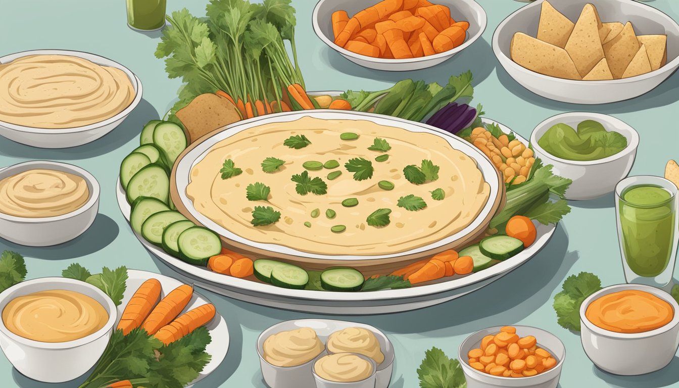 A table with various serving sizes of hummus, surrounded by different types of dippable foods like carrots, cucumbers, and pita bread