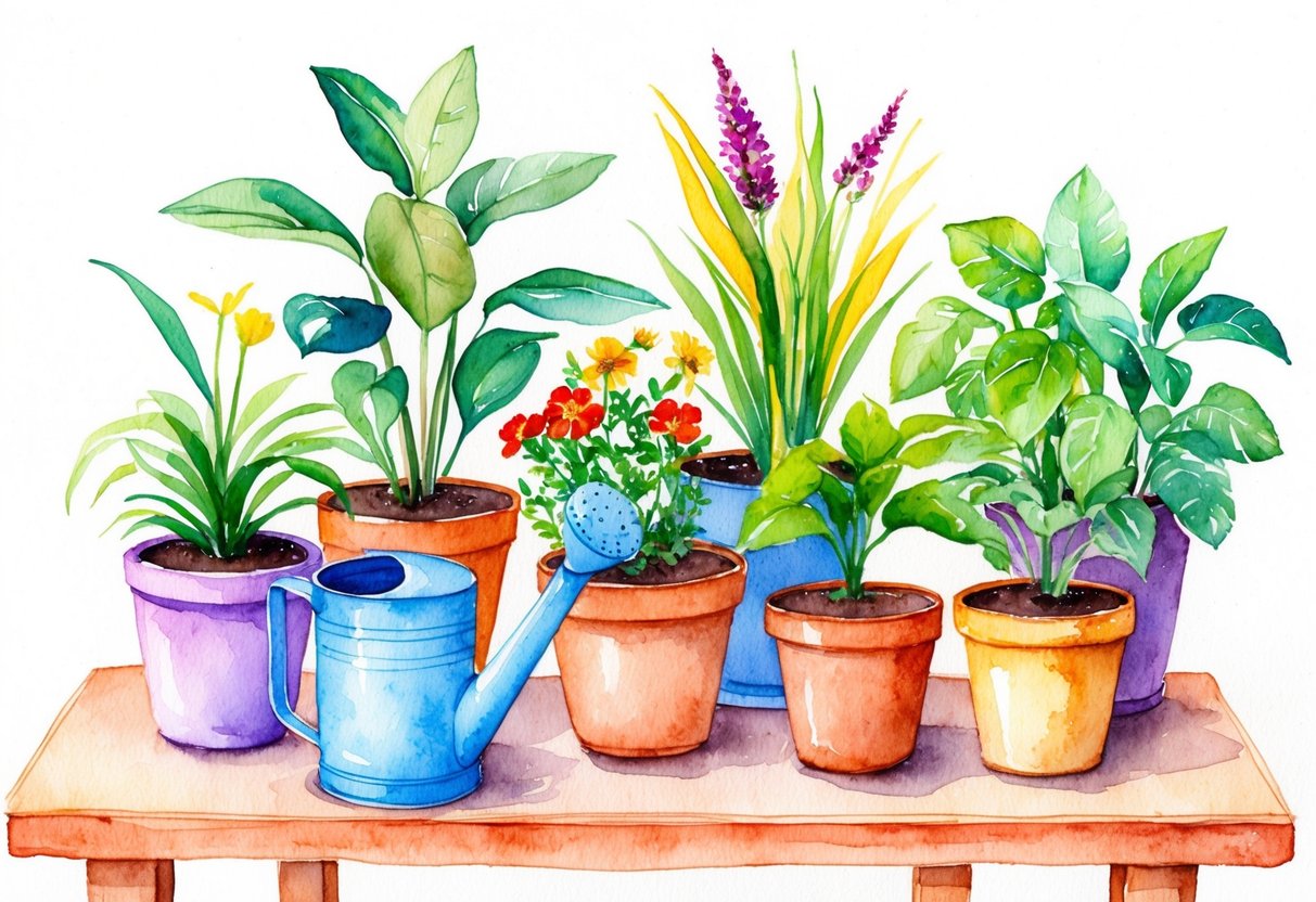 A group of colorful and easy-to-care-for plants arranged in pots on a table, with a child-sized watering can nearby