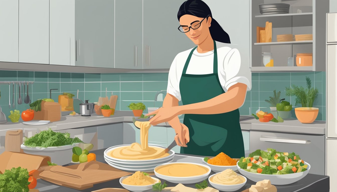 A person standing in a kitchen, scooping a generous amount of hummus onto a plate, surrounded by various ingredients and utensils for preparation