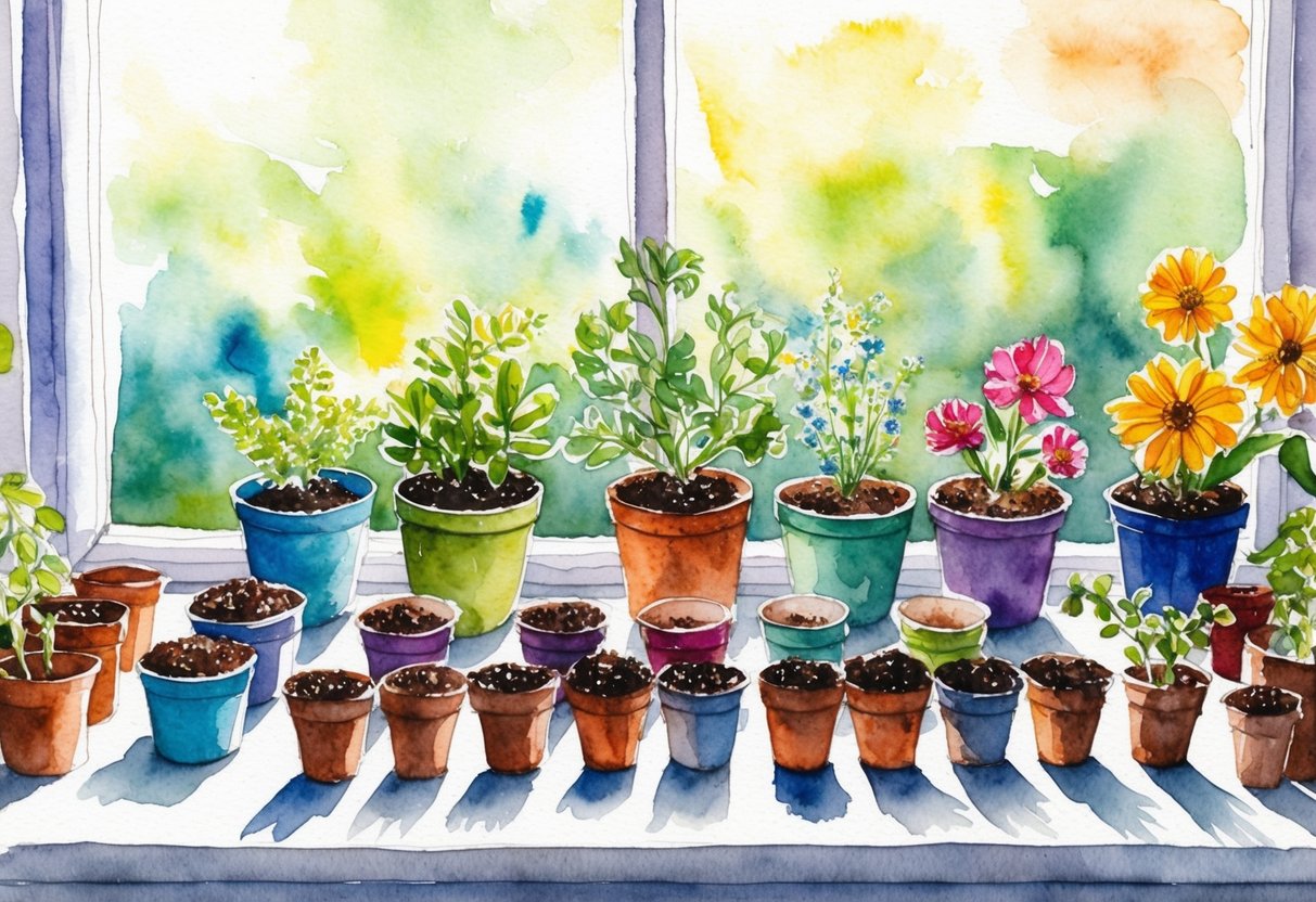 A colorful array of seeds, soil, and small pots arranged on a sunny windowsill