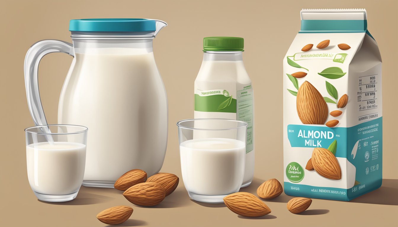 A table with various sizes of almond milk cartons, a measuring cup, and a nutrition label