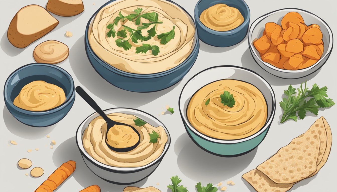 A table with various bowls of hummus, surrounded by empty pita bread and vegetable sticks. A person looks contemplative while holding a spoonful of hummus