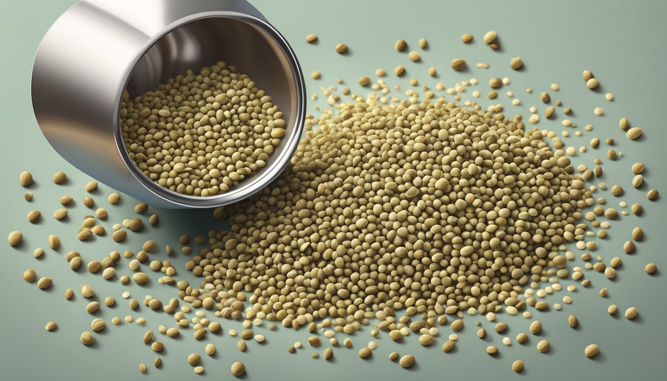 A pile of hemp seeds spills from a measuring cup, surrounded by various other seeds in smaller quantities