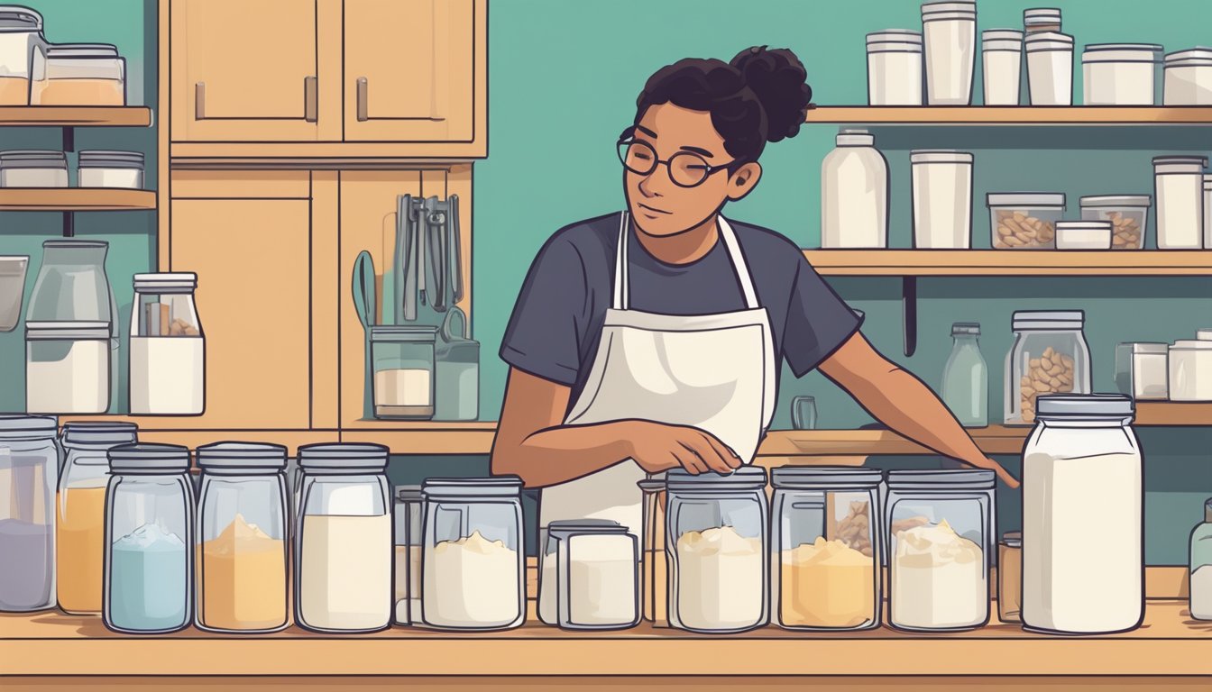 A kitchen counter with multiple overflowing cups of almond milk, surrounded by various empty containers and a concerned person looking at a nutrition label