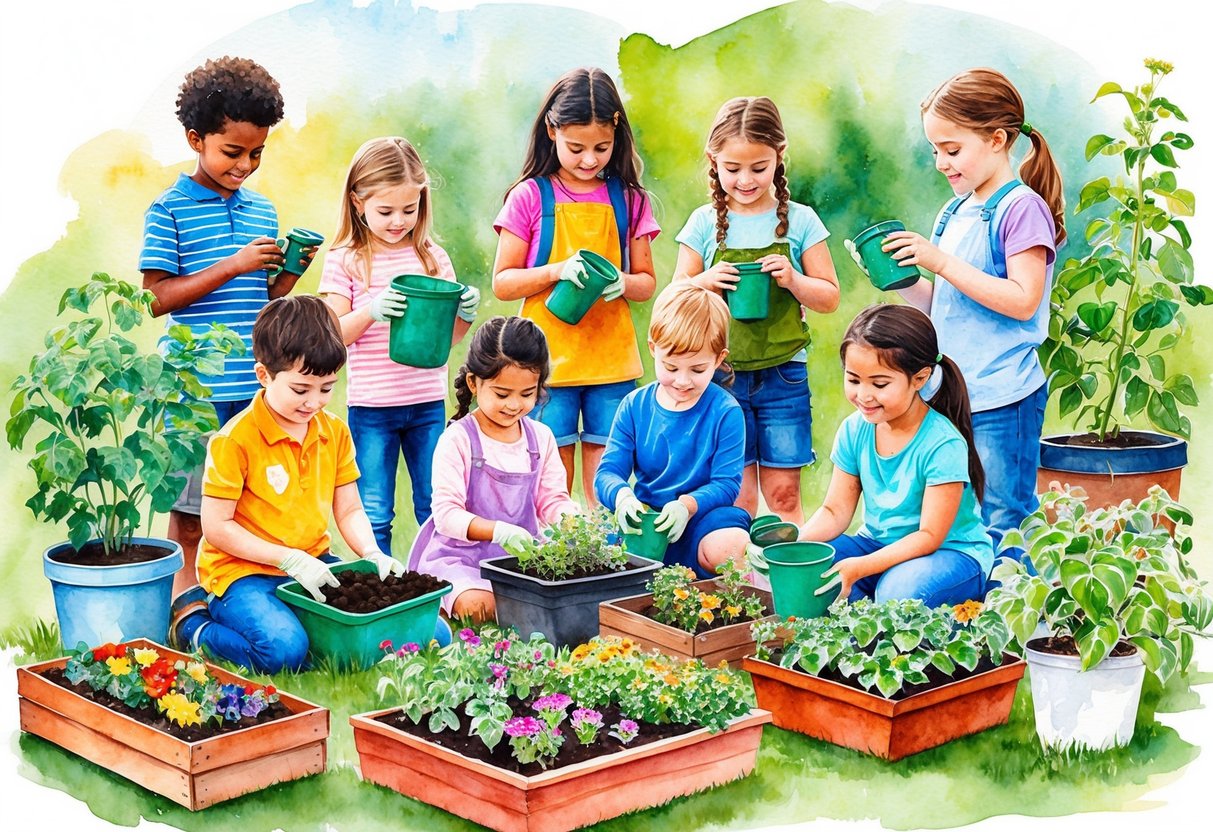 A group of children of different ages working on various gardening projects, surrounded by colorful and easy-to-grow plants