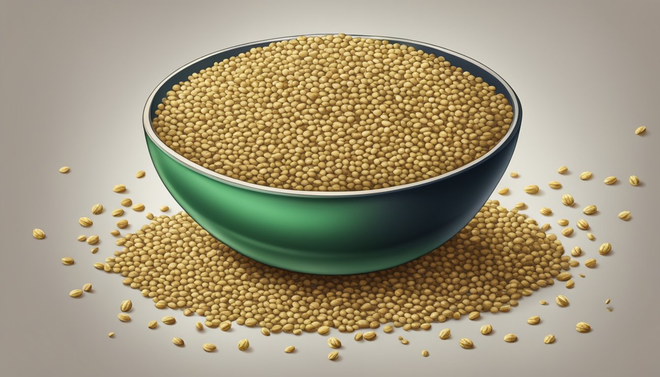 A bowl overflowing with hemp seeds, scattered seeds on a table