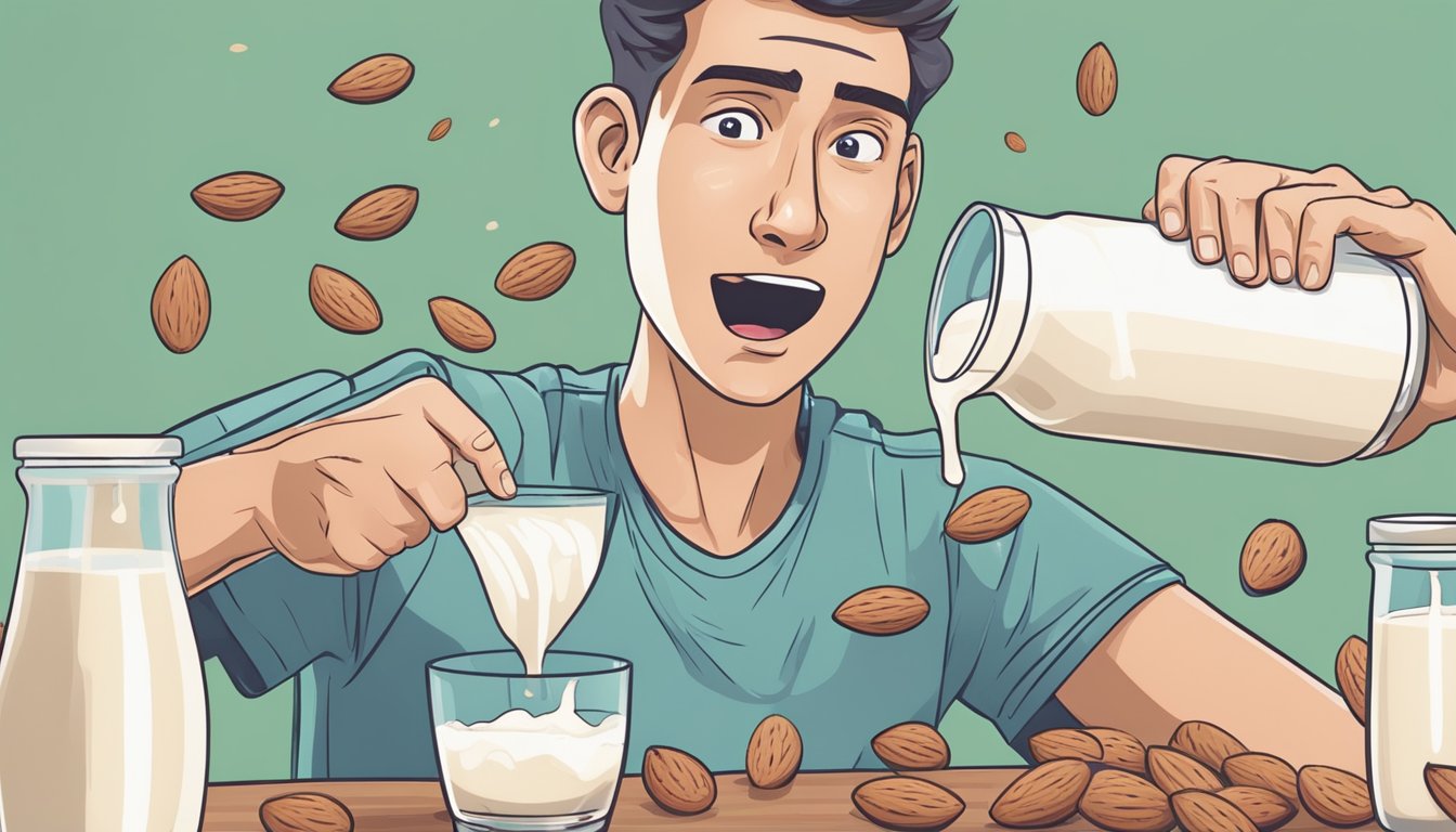 A person pouring multiple cups of almond milk into a overflowing glass, with a concerned expression on their face