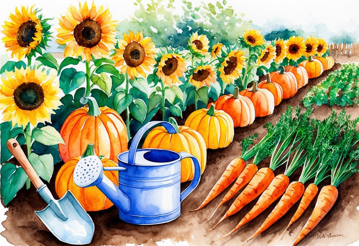 A colorful garden with sunflowers, pumpkins, and carrots growing in neat rows. A child-sized watering can and shovel sit nearby