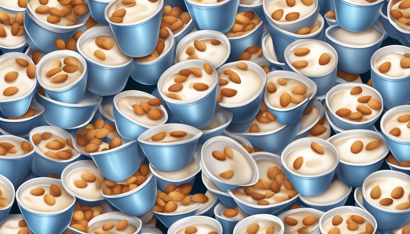 A mountain of overflowing almond milk cups, some spilling over