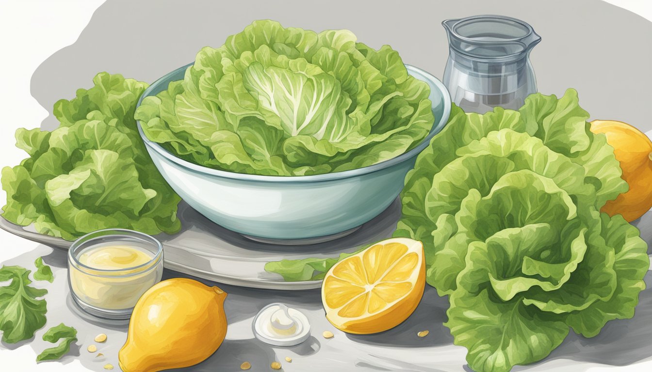 A bowl of lettuce overflowing onto a plate, with measuring cups scattered around