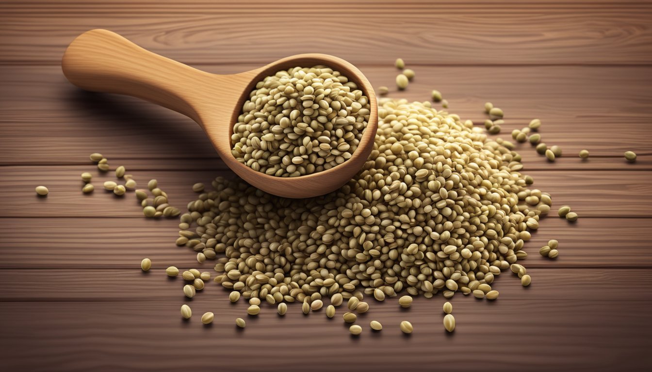 A small pile of hemp seeds spilling out of a measuring spoon onto a wooden table