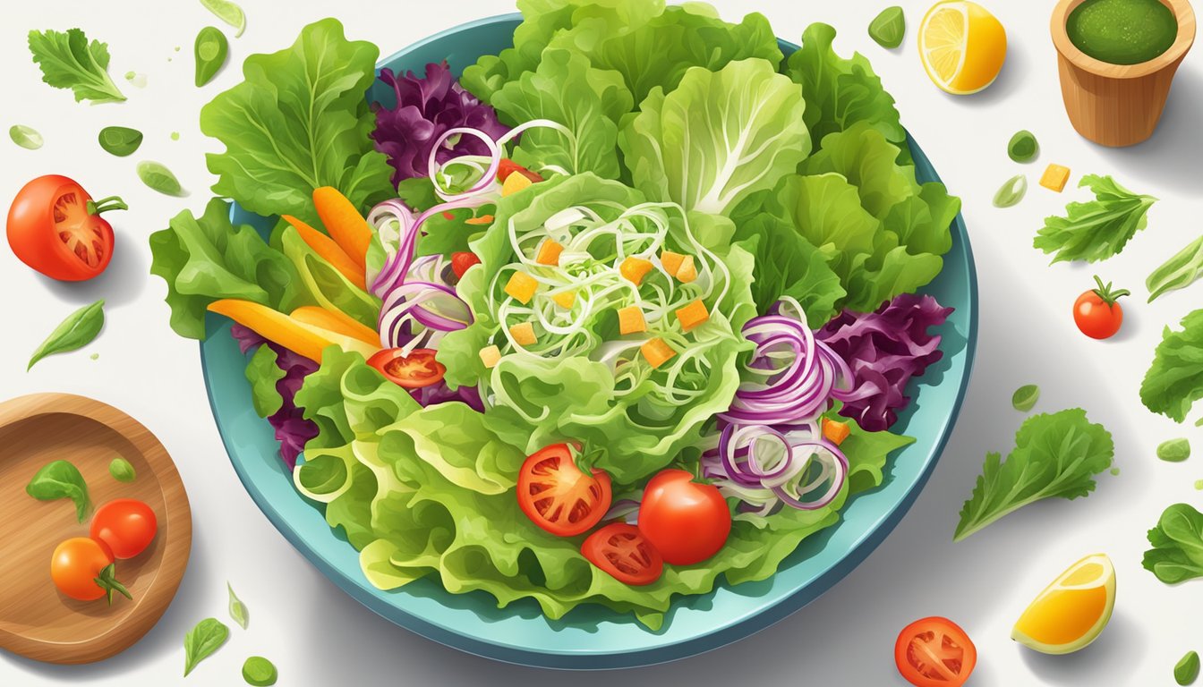 A vibrant salad bowl overflowing with fresh, crisp lettuce leaves, surrounded by colorful vegetables and drizzled with a light dressing