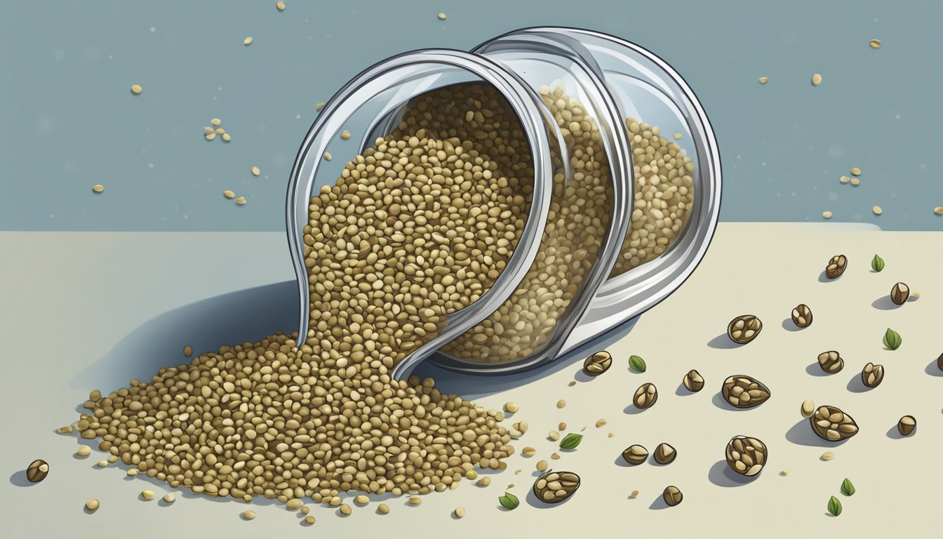 A pile of hemp seeds overflowing from a measuring cup onto a table, surrounded by scattered seeds