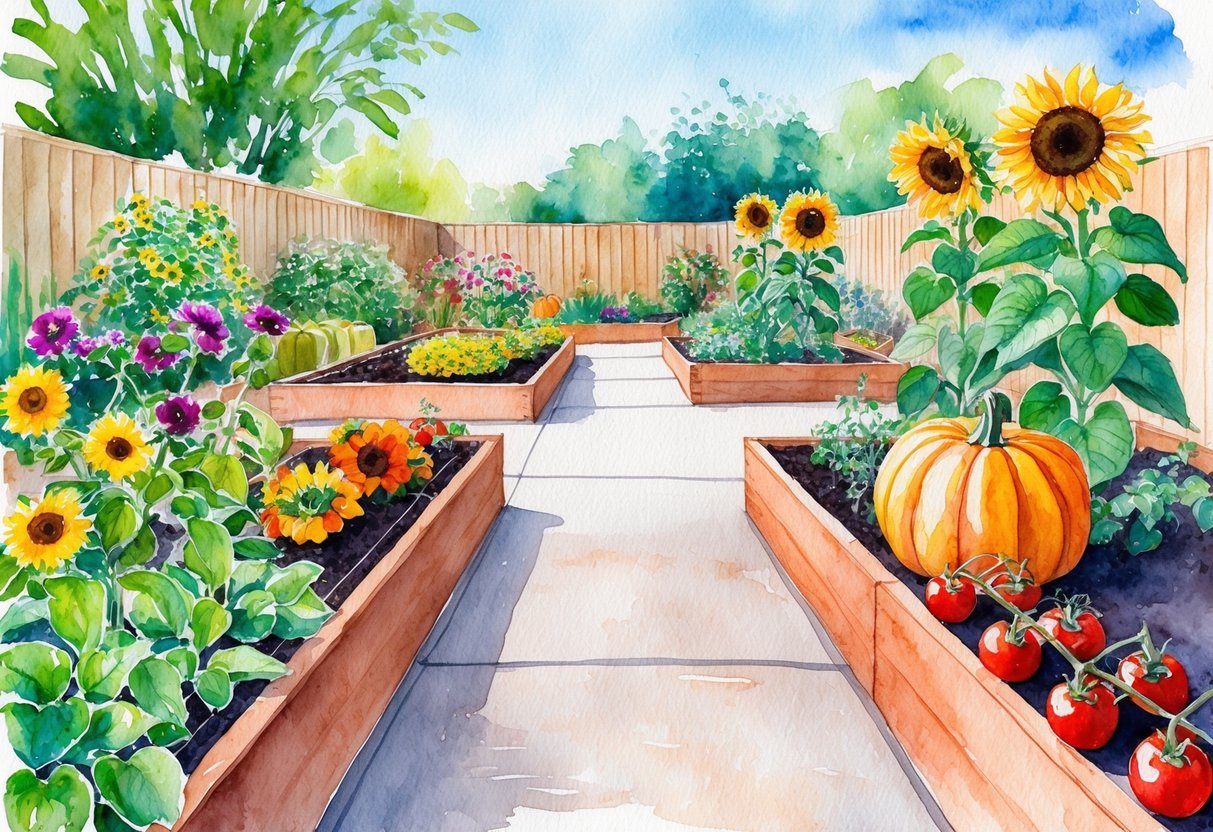 A colorful garden with easy-to-reach raised beds, wide pathways, and vibrant, child-friendly plants like sunflowers, pumpkins, and cherry tomatoes