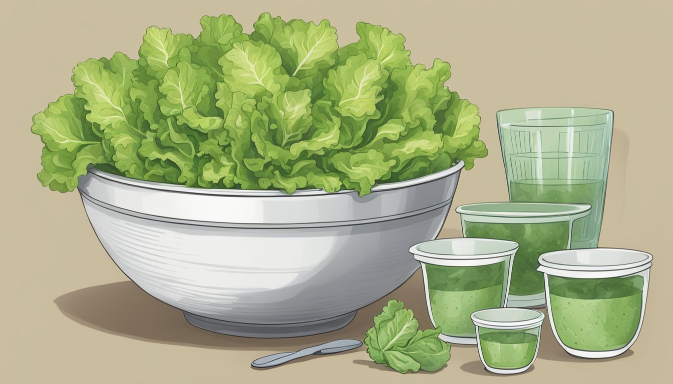 A bowl overflowing with lettuce leaves, surrounded by measuring cups and a daily serving size chart