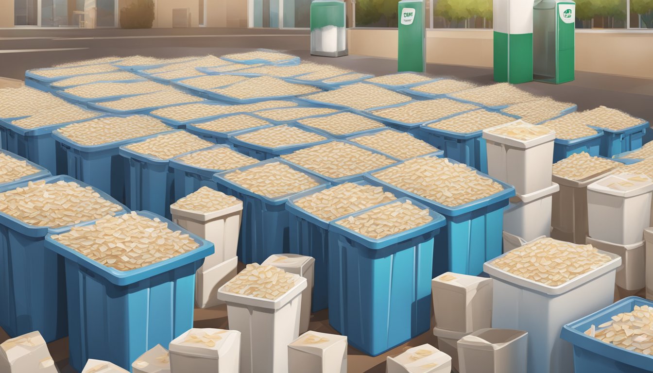 A table with multiple empty almond milk cartons stacked up, surrounded by overflowing recycling bins