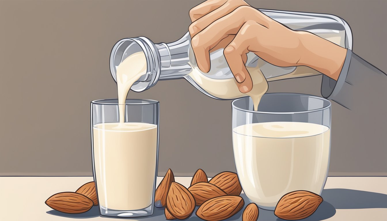 A person pouring almond milk from a pitcher into a glass