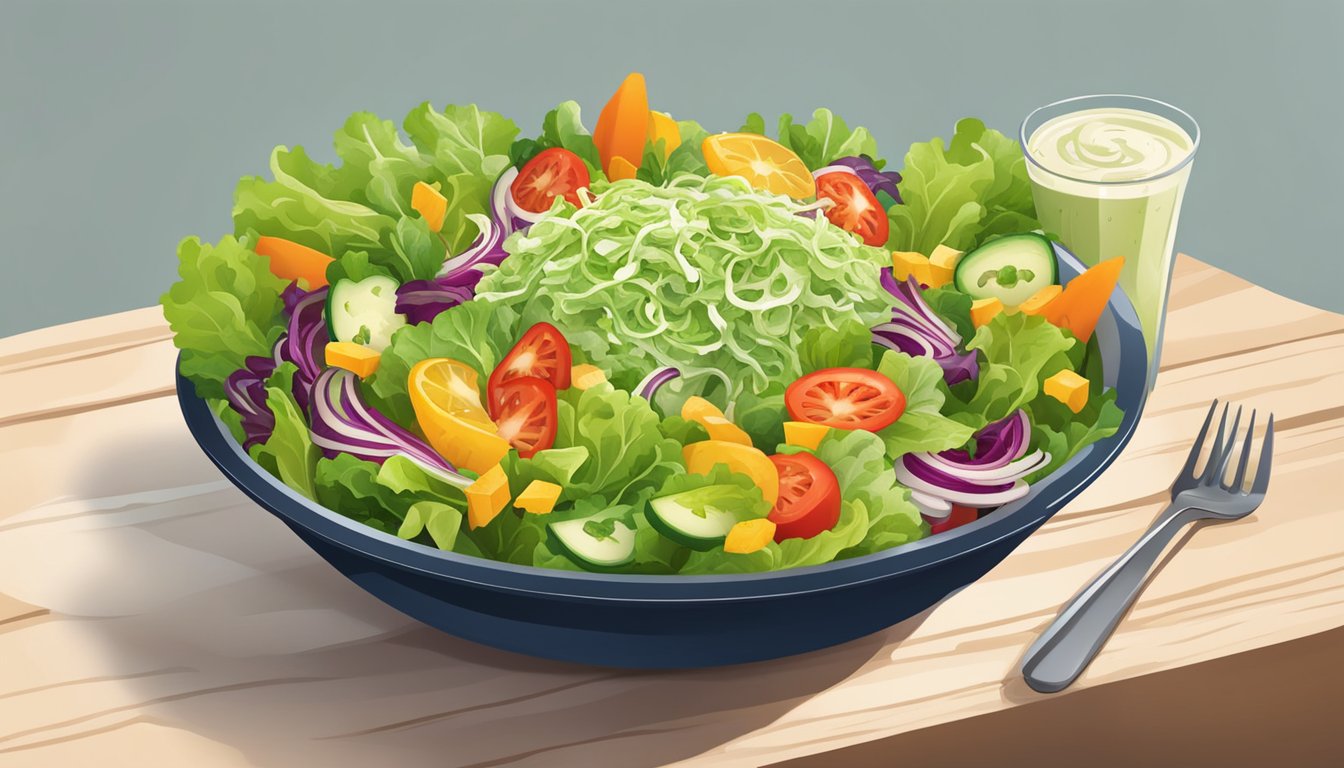 A vibrant salad overflowing with crisp lettuce leaves, surrounded by assorted vegetables and drizzled with dressing