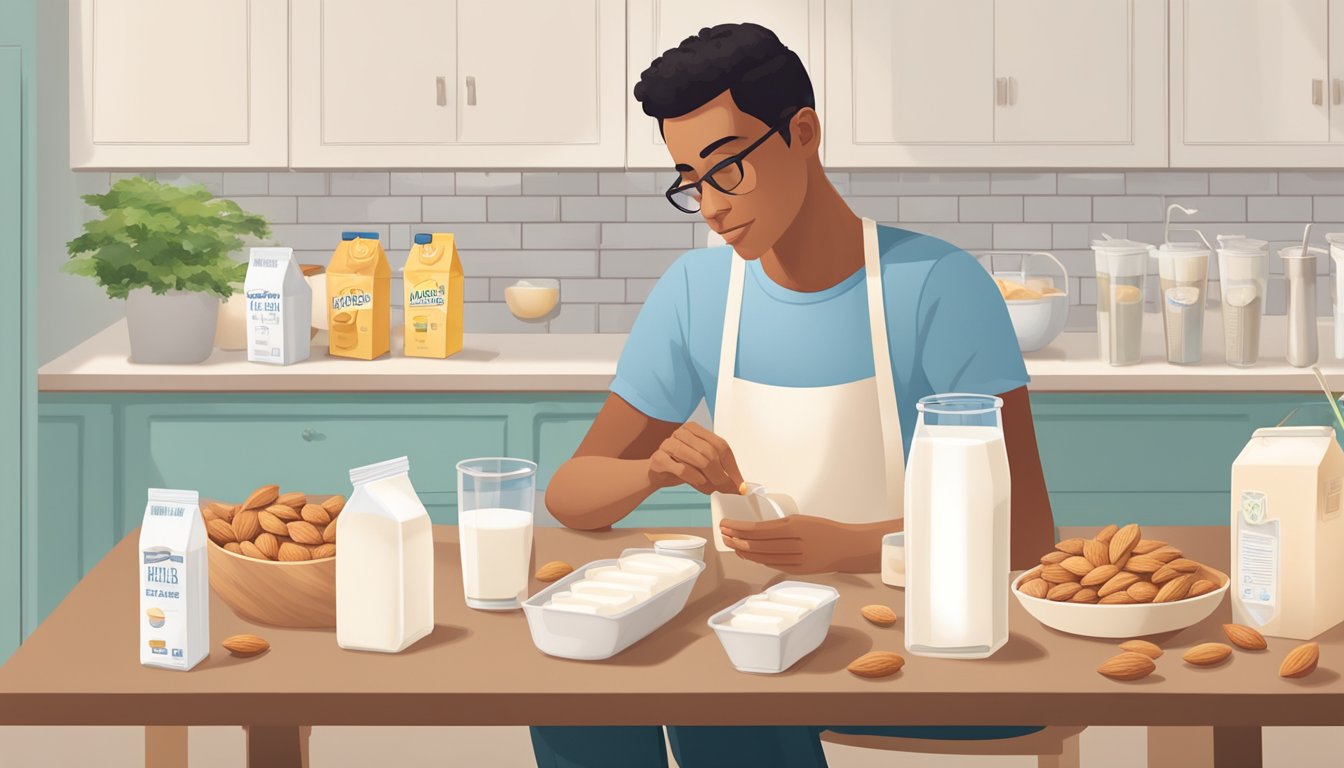 A table with various sizes of almond milk cartons, a measuring cup, and a person pondering over the recommended daily intake