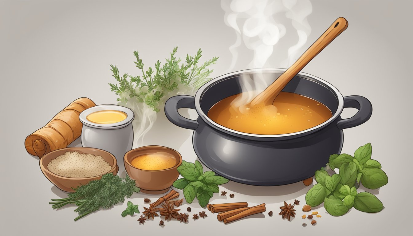 A pot of simmering bone broth with steam rising, surrounded by various herbs and spices