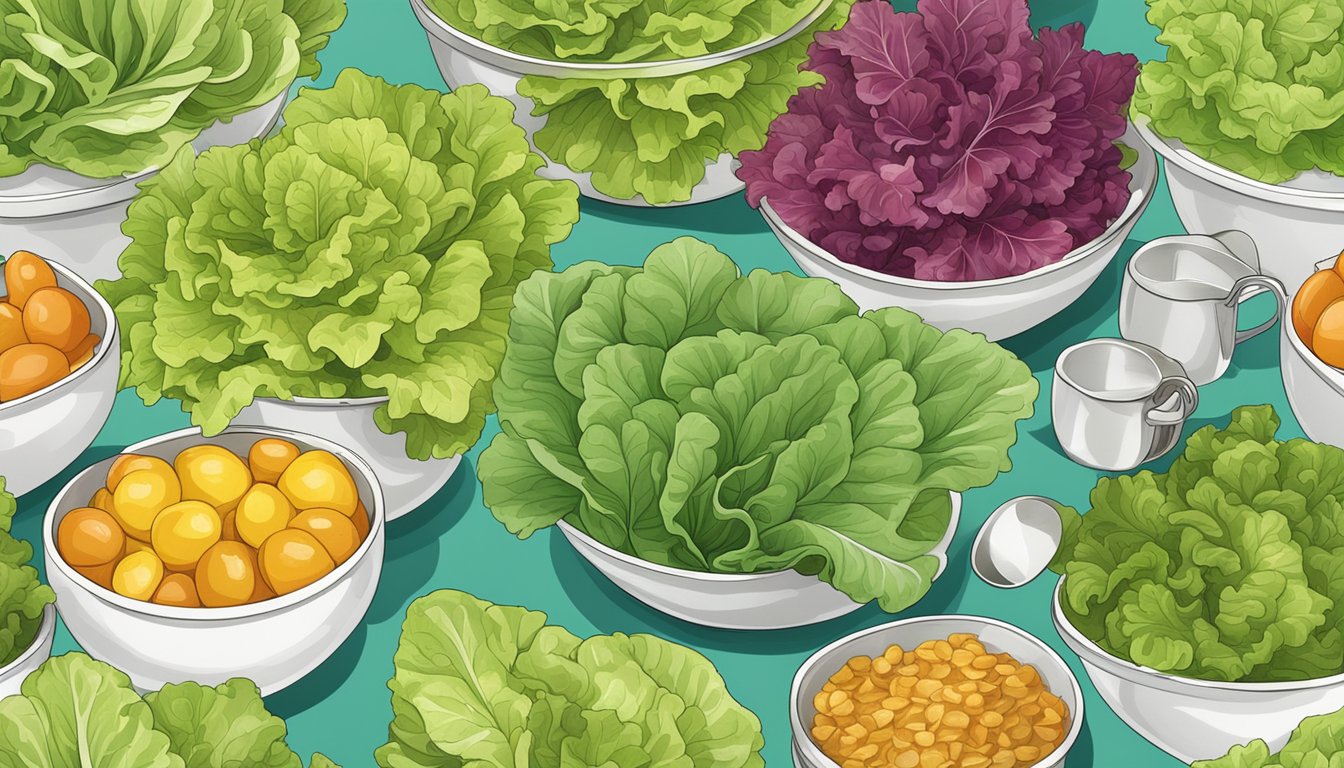 A variety of lettuce leaves arranged in a colorful display, with an assortment of cups and measuring spoons nearby for portion control