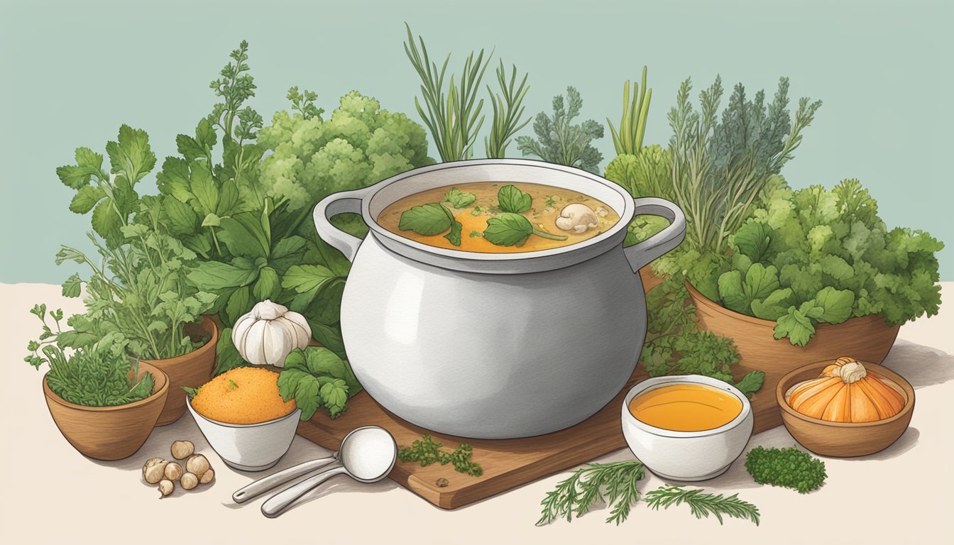 A steaming pot of bone broth surrounded by various herbs and vegetables, with a measuring cup nearby