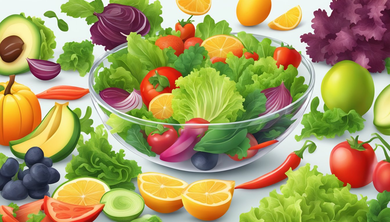 A colorful salad bowl overflowing with a variety of fresh lettuce leaves, surrounded by vibrant vegetables and fruits