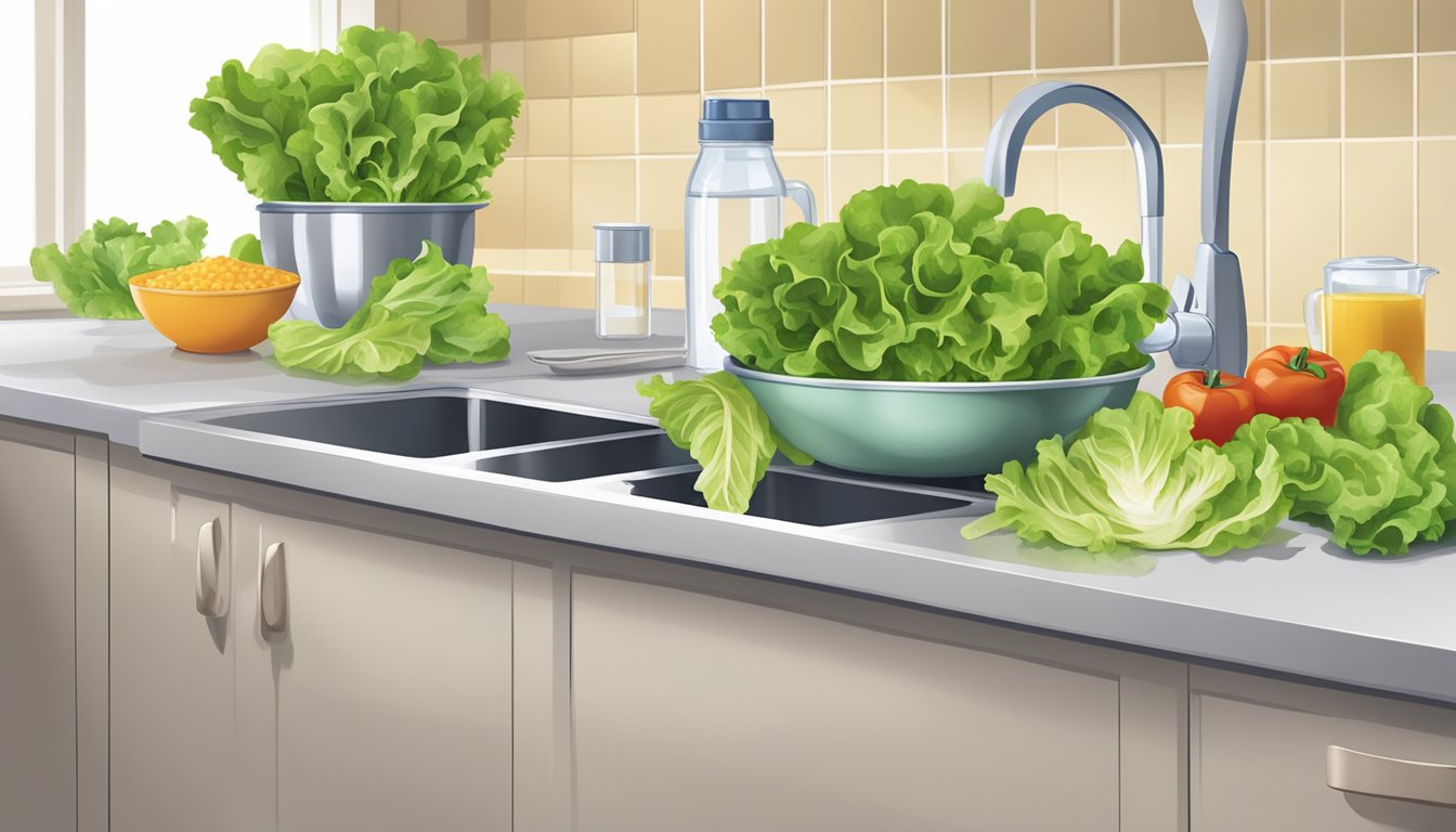 A kitchen counter with a pile of lettuce and measuring cups