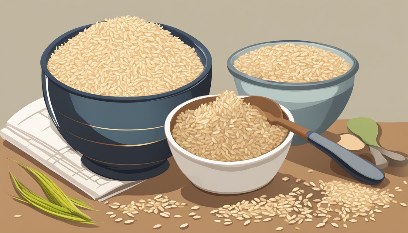 A bowl overflowing with brown rice, surrounded by measuring cups and a nutrition guide