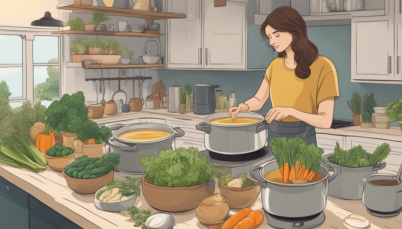 A person pouring multiple cups of bone broth into a large pot, with various vegetables and herbs scattered around the kitchen counter